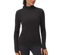 THE GYM PEOPLE Women's Mock Turtleneck Long Sleeve Shirts Fleece Thermal Underwear Pullover Tops with Thumb Hole Black