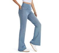 THE GYM PEOPLE Women's Wide Leg Trousers High Waisted Stretchy Tummy Control Flared Jeans Pull on Bell Bottom Jeggings with Pockets,Denim Light Blue,M