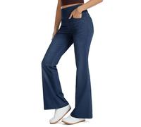 THE GYM PEOPLE Women's Wide Leg Trousers High Waisted Stretchy Tummy Control Flared Jeans Pull on Bell Bottom Jeggings with Pockets,Dark Blue,S