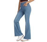 THE GYM PEOPLE Women's Wide Leg Trousers High Waisted Stretchy Tummy Control Flared Jeans Pull on Bell Bottom Jeggings with Pockets,Denim Blue,L
