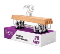 The Hanger Store - 20 Pack Eco Skirt Trouser Hangers with Clips, FSC® Wood | Wooden Skirt Hangers with Clips, Sustainable Eucalyptus Wooden Hangers, Chrome Swivel Hook, Adjustable Rubber Dipped Clips