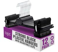 The Hanger Store - Trouser Hanger with Clips, Plastic, 12 Pack Black | Adjustable Foam Padded Clips, Rotatable Chrome Hook, Coat Hangers For Clothes, Trousers, Skirts, Jeans. Clothes Hangers