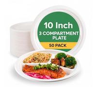 The Happy Garden Bagasse Plates (10 Inch, Pack of 50) Round Disposable Dinner Dishes with 3 Compartments, Compostable Sugarcane Plate for Parties, Catering & Everyday Meals