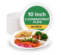 The Happy Garden Bagasse Plates 3 Compartment (10 Inch, Pack of 50) - Compostable Sugarcane Disposable Plate, Heavy Duty, Microwave & Freezer Safe, Ideal for Parties