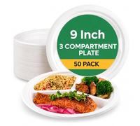 The Happy Garden Bagasse Plates 3 Compartment (9 Inch, Pack of 50) - Compostable Sugarcane Disposable Plate, Heavy Duty, Microwave & Freezer Safe, Ideal for Parties