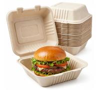 The Happy Garden Clamshell Food Containers (Pack of 50) - Eco-Friendly Bagasse Takeaway Boxes, Compostable Disposable Burger Box, Leak-Proof, Microwave & Freezer Safe