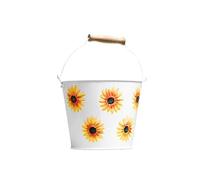 The Happy Garden Sunflower-Themed Metal Bucket Pot - White Painted Planter with Wooden Handle - Decorative Floral Pot for Indoor & Outdoor Use - Compact Flower Holder for Home & Garden