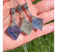 THE HARE AND THE MOON Fluorite Octahedron Necklace on Silver Plated Chain, Natural Crystal Pendant