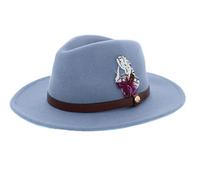 The Hat Company Ladies Coloured 100% Wool Fedora with Feather Trim 57cm Adjustable (Light Blue)