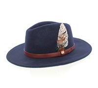 The Hat Company Ladies Coloured 100% Wool Fedora with Feather Trim 57cm Adjustable (Navy)
