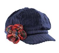 The Hat Company Ladies Cord Bakerboy Cap with Tartan Pattern Brooch Black or Navy (Navy & Red Brooch)