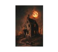The Haunted House Under The Gothic Blood Moon Canvas Poster Bedroom Decor Landscape Office Room Decor Gift 16x24inch(40x60cm)