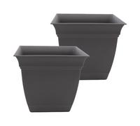 The HC Companies 10 Inch Eclipse Square Planter with Saucer - Indoor Outdoor Plant Pot for Flowers Vegetables Herbs, Warm Gray (Pack of 2)