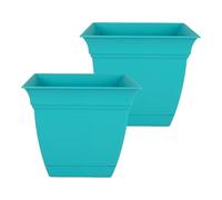 The HC Companies Eclipse Square Plastic Planter w/Attached Saucer - Outdoor & Indoor Plant Pot with Drainage Holes - Lightweight, UV-Resistant Plastic Pots for Plants (10" Teal, Pack of 2)