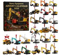 The heavy equipment advent calendar features 24 die casting machines and small acrylic decorations. The 2025 Christmas advent calendar includes excavators, bulldozers, dump trucks, and cranes.