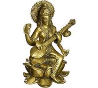 The Himalayan Collections Brass Maa Saraswati Idol Sitting On Hans, Standard, Golden