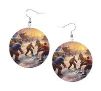 The Hockey Game Was Very Competitive Prints Leather Round Earrings Pendant Stylish And Light Lightweight Dangle For Women Girls, One Size, Leather, No Gemstone