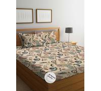 THE HOME STYLE Cotton Elastic Fitted All Around Printed King Size Double Bed Bedsheet wih 2 Pillow Cover (72"x78", Mocha Flora)