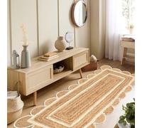 The Home Talk Scalloped Jute Rectangular Rug - Natural Fiber Scallop Rug Rustic Vintage Braided Handwoven Indoor Carpet for Entryway/Kitchen/Frontdoor (Natural & White, 60 x 150 cm)