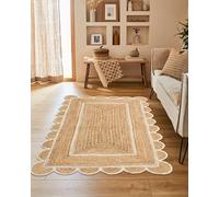 The Home Talk Scalloped Jute Rectangular Rug - Natural Fiber Scallop Rug Rustic Vintage Braided Handwoven Indoor Carpet for Entryway/Kitchen/Frontdoor (Natural & White, 90 x 150 cm)