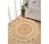 The Home Talk Scalloped Jute Round Rug - Natural Fiber Scallop Rug Rustic Vintage Braided Handwoven Indoor Carpet for Entryway/Kitchen/Frontdoor (Natural & White, 120 cm Diameter)