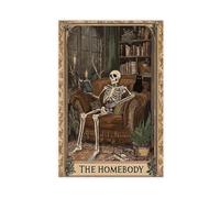 The Homebody Gothic Skeleton Book & Wine, Funny Tarot Card Wall Art, Vintage Dark Academia Cozy Print, Spooky Library Decor, Whimsical Halloween Artwork with Macabre Aesthetic Unframe-style 08x12inch(