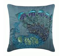 The HomeCentric Blue Cushion Case, Art Deco Floral Cushion Cover, 30x30 cm (12x12 inch) Throw Cushions Cover, Art Silk Square Throw Cushions Cover, Multicolor Beaded Peacock - Dancing Peacock