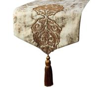 The HomeCentric Decorative Gold Table Runner 35 x 90 cm, Zardozi Damask, Foil & Beaded with Tassels Table Runner, Jacquard Silk fabric Table Linen, Damask Pattern Modern Style - Aurelian Royalty