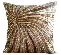 The HomeCentric Decorative Toss Pillow Cover Brown Shams, Sequins & Beaded Spiral Glitter Pillow Shams, 60x60 cm Sham, Square Silk Modern Style, Abstract - Gold Bloom