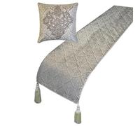The HomeCentric Gray Bed Runner For King/Queen/Twin Jacquard Decorative Bed Scarf 133x45 cm Bed Runner With Two Cushion Cover, Damask Bed Scarf Bedroom Décor Accent - Silver Empress