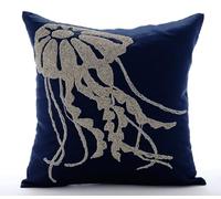 The HomeCentric Navy Blue Cushions Cover, Beaded Jelly Fish Sea Creatures Ocean & Beach Cushions Cover, 35x35 cm (14x14 inch) Cotton Linen Cushions Covers Couch, Floral - Jelly Fish At The Shore