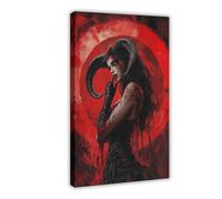 The Horned Witch in The Gothic Blood-red Circle Canvas Poster Bedroom Decor Landscape Office Room Decor Gift 16x24inch(40x60cm)