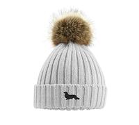 The House Of Dog: Long Haired Dachshund Owner Hat Gift. Faux Fur Pom Pom Chunky Knit Super Soft Unisex Embroidered Beanie Grey