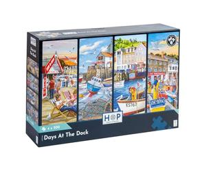 The House of Puzzles Days at the Dock, 4 x 500 Piece Jigsaw Multipack | Coastal Harbour Theme, Artist Illustrated, Deluxe Puzzle Gift for Adults