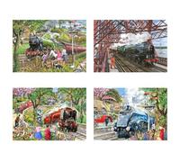 The House of Puzzles Steaming Along Jigsaw Set - 4 x 500 Piece Jigsaws For Adults, Multi Puzzle Pack, Artist Illustrated, Deluxe Puzzle Gifts, Sustainably Made