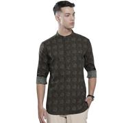The Indian Garage Co Mens Regular Fit Abstract Printed Full Sleeve Mandarin Collar Ethnic Shirt, brown, M
