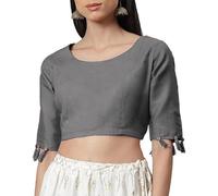 The India's Store Cotton Blouse Indian Stylist Boat Neck Bollywood Sari Choli Half Sleeve Open Back, gray, 14