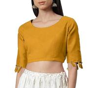 The India's Store Cotton Blouse Indian Stylist Boat Neck Bollywood Sari Choli Half Sleeve Open Back, yellow, XS/S