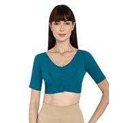 The India's Store Indian Bollywood Ethnic Wear Cotton Saree Blouse Women Readymad Plain Top V-Neck, Half Sleeve, Front Open Choli Teal