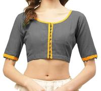 The India's Store Indian Cotton Saree Blouse for Women's Solid Plain Top Half Sleeve, Round Neck with Fabric Piping & Button Grey
