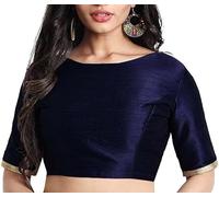 The India's Store Indian Women's Dupion Stitched Blouse Readymade Choli Half Sleeve Top Bollywood Boat Neck with Lace Navy Blue