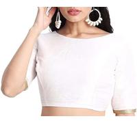 The India's Store Indian Women's Dupion Stitched Blouse Readymade Choli Half Sleeve Top Bollywood Boat Neck with Lace White