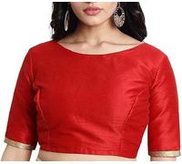 The India's Store Indian Women's Dupion Stitched Blouse Readymade Choli Half Sleeve Top Bollywood Boat Neck with Lace Red