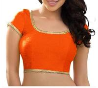 The India's Store Indian Women's Dupion Stitched Short Sleeve Blouse Readymade Ethnic Tunic Choli Round Neck, Back Open with Lace Orange