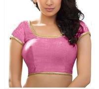 The India's Store Indian Women's Dupion Stitched Short Sleeve Blouse Readymade Ethnic Tunic Choli Round Neck, Back Open with Lace Light Pink