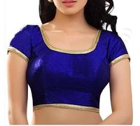 The India's Store Indian Women's Dupion Stitched Short Sleeve Blouse Readymade Ethnic Tunic Choli Round Neck, Back Open with Lace Royal Blue