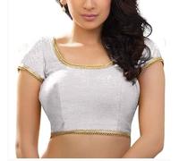 The India's Store Indian Women's Dupion Stitched Short Sleeve Blouse Readymade Ethnic Tunic Choli Round Neck, Back Open with Lace White