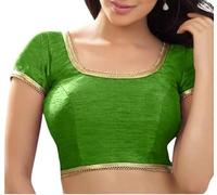 The India's Store Indian Women's Dupion Stitched Short Sleeve Blouse Readymade Ethnic Tunic Choli Round Neck, Back Open with Lace Green
