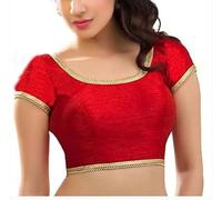 The India's Store Indian Women's Dupion Stitched Short Sleeve Blouse Readymade Ethnic Tunic Choli Round Neck, Back Open with Lace Red