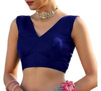 The India's Store Indian Women's Satin Blouse Partywear V-Neck Style Sleeveless Back Open with Dori Royal Blue